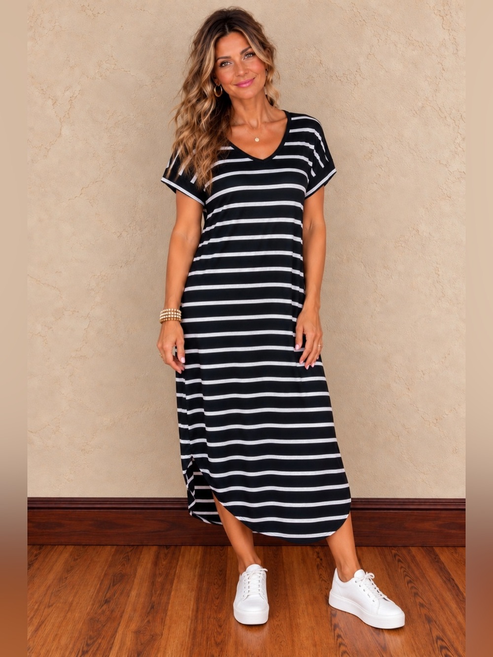 NWT Yelete Striped Midi Dress Pockets Roomy Comfy Knit Casual Classic Medium